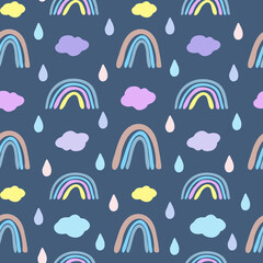 Seamless pattern with rainbows and clouds in Scandinavian style. Boho pattern for the nursery.Hand drawn rainbow vector.