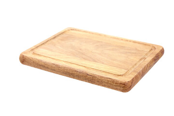 Wooden chopping or serving board with juice gutter isolated on white