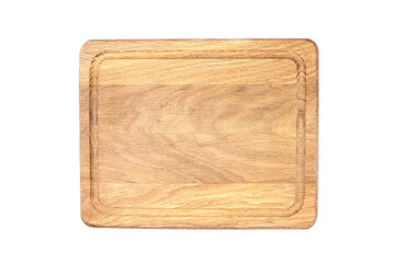 Wooden chopping or serving board with juice gutter isolated on white