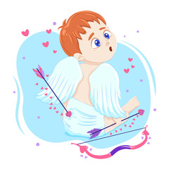 Cute vector cupid with bow and arrow. Cartoon cupid with hearts. Nice little kid with wings. Funny cupid.