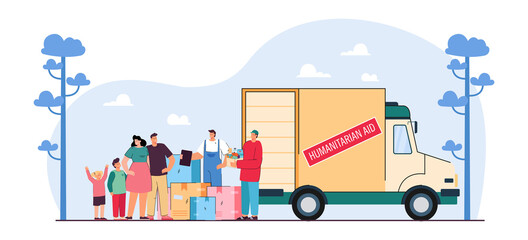 Volunteers and family next to humanitarian aid van. People giving boxes with food to refugees flat vector illustration. Charity, support, assistance concept for banner, website design or landing page