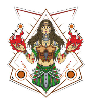 Beautiful young witch with fire on the sacred geometry background