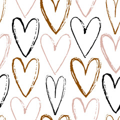 Seamless vector pattern with grunge hearts. Romantic background for Valentines Day, holidays and decorative design. Brush love pattern. Vector drawing. Flat illustration for wrapping paper and textile