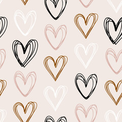 Grunge romantic seamless pattern with hand drawn hearts. Endless background for holidays, wedding and Valentines Day. Brush heart illustration. Endless repeating texture for fabric and wrapping paper