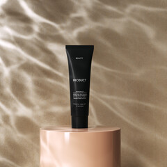 Shadow and light, water caustic texture on wall, summertime vibes minimal interior for cosmetic product presentation, 3d rendering object display mockup