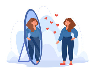 Happy smiling woman admiring beautiful reflection in mirror. Proud of beauty and self confidence as pretty female character flat vector illustration. Narcissism, self love, psychology concept