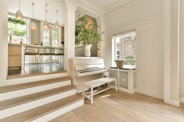 Interior of classic style living room with white piano