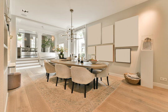 Interior of living room with dining table