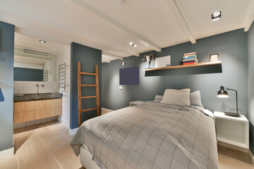 Interior of bedroom with bed bedside table