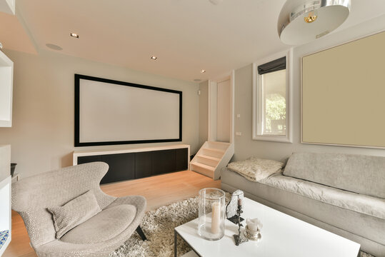 Living room with cozy sofa and armchair and projection screen
