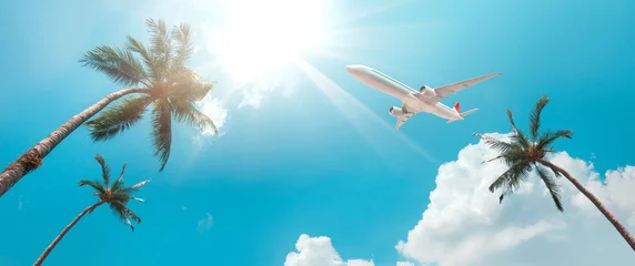 Fotobehang Blauwe lucht met kokospalmen, het vliegtuig gaat naar het tropische zeestrand. voor sightseeing en ontspanning in de zomervakantie. © noppadon