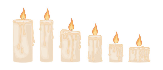 An illustration depicting six romantic burning candles. Wax candles of different sizes and shapes. Six candle flames, vector illustration isolated on white background