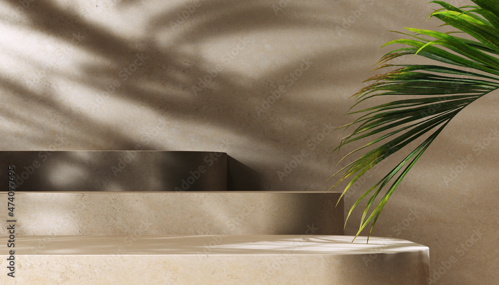 Poster minimal modern product display on textured beige background with palm leaves shadows overlay, 3d ren