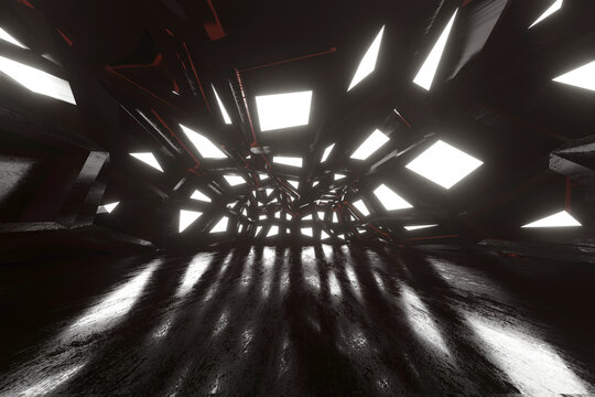 Three dimensional render of dark futuristic interior with light pouring in through geometric shapes