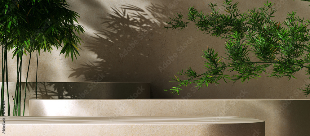 Poster minimal modern product display on textured beige background with bamboo leaves shadows overlay, 3d r