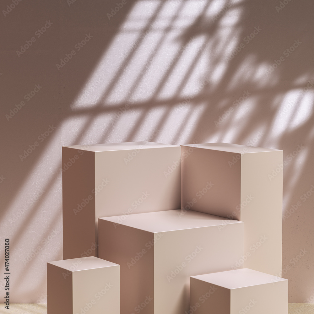 Poster cosmetic product display template, object showcase placement, beige geometric abstract block podium,