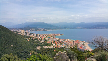 Naklejka premium Ajaccio's landscape and Mediterranean Sea from the mountain, South of Corsica, France.