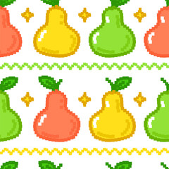 Funny pear fruit pixel art seamless pattern. Vector doodle cartoon graphic illustration design. Fresh pear fruit pixel art,8 bit,16 bit style print seamless pattern concept