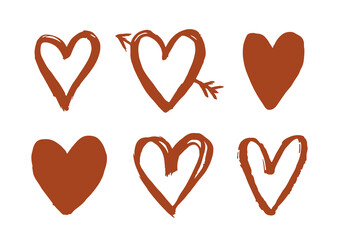 Brush heart icons. Hand drawn love symbol isolated on white background. Romantic elements for Valentines Day, wedding design and holidays. Boho grunge heart shape. Vector illustration