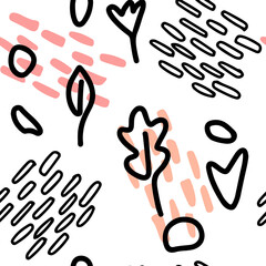 Contemporary modern trendy vector illustrations. Creative doodle art seamless pattern with different shapes and textures.