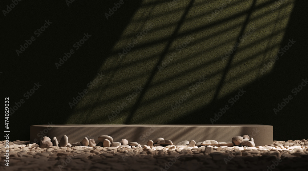 Poster cosmetic product display template, object showcase placement, dark green textured wall window blinds