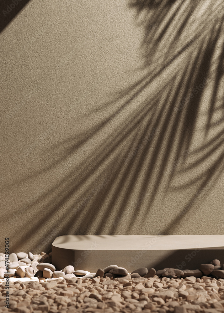 Aufkleber empty room wall with texture tropical leaves shadow, minimal pastel beige summer abstract background