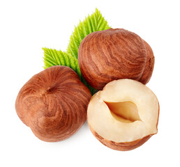Hazelnuts with leaves isolated on white background