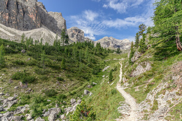 Beautiful trail to walk through a gorge in the Nature park Puez Odle. Italian Dolomites