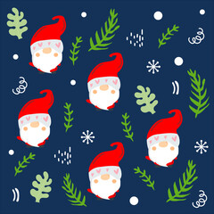Christmas  pattern with gnomes, leaf and decoration, winter seasonal design on a dark blue background. 