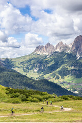 A group of unrecognizable young mountain bikers ride downhill in the Italian Dolomites (Vertical...
