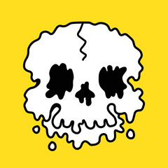 Melting deformed skull print for t-shirt,poster,logo,card.Vector hand drawn line 70s style cartoon character illustration. Trippy skull, psychedelic face print for t-shirt,poster,card concept