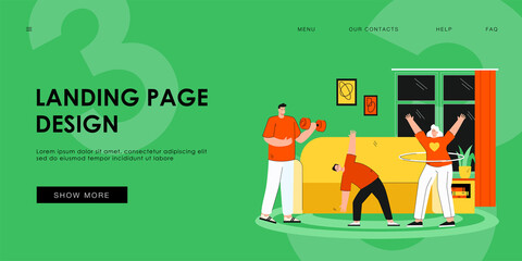 Happy parents with son doing exercises at home flat vector illustration. Cartoon mom, dad and kid training together in living room. Sport activity and family workout concept