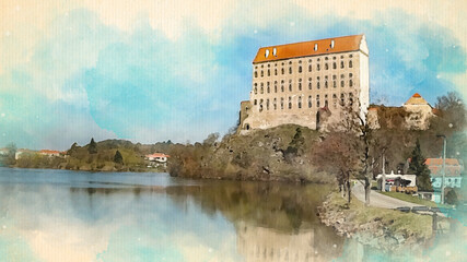 Watercolor pattern of estate under river in Plumlov colorful illustration