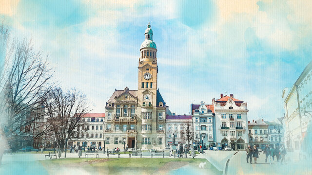 Watercolor pattern of town hall in Prostejov colorful illustration