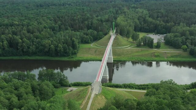 Alytus Lithuania white rose bridge from drone, highest pedestrian bridge in lithuania