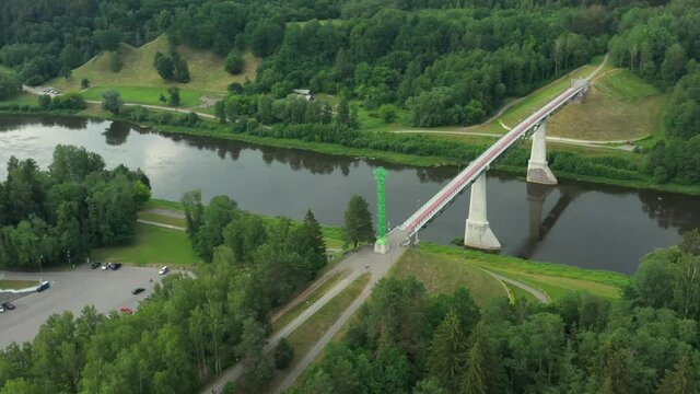 Alytus Lithuania white rose bridge from drone, highest pedestrian bridge in lithuania