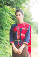 Portrait of asian girl with Thai local traditional dress, famous in countryside of Thailand 
