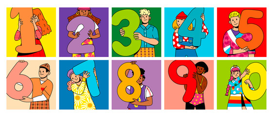 Fototapeta premium Boys and Girls holding big numbers. Set of happy joyful people showing big numbers. Education, birhtday, celebrating achievements concept. Cartoon comic style. Hand drawn modern Vector illustration