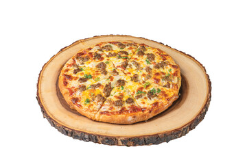 italian pizza on wooden plate isolated on white background