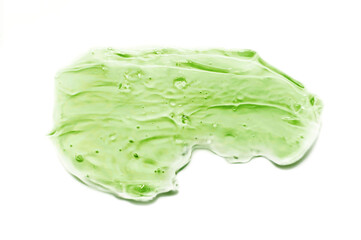 Aloe Vera gel on a white isolated background. Transparent cosmetic sample texture with bubbles....