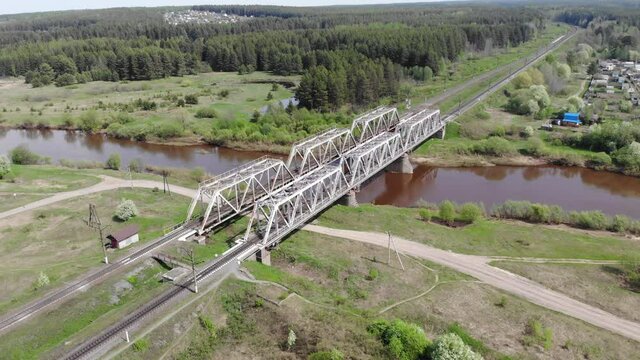 Aerial view of two railway bridges (Strizhi, Kirov region, Russia)