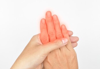 Inflammation of Asian man’s fingers and hand. Concept of hand pain and finger problems.