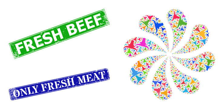 Bull head icon multi colored exploding spin flower fireworks composition, and distress Fresh Beef stamp seal. Blue Only Fresh Meat and green Fresh Beef rectangle grunge seal stamps.