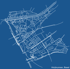 Detailed technical drawing navigation urban street roads map on blue background of the quarter Hirzbrunnen District of the Swiss regional capital city of Basel, Switzerland