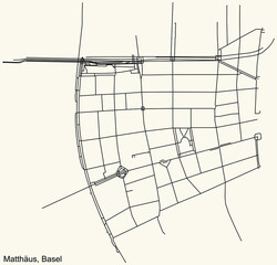 Detailed navigation urban street roads map on vintage beige background of the quarter Matth&auml;us District of the Swiss regional capital city of Basel, Switzerland