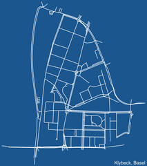 Detailed technical drawing navigation urban street roads map on blue background of the quarter Klybeck District of the Swiss regional capital city of Basel, Switzerland