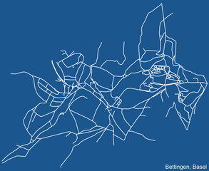 Detailed technical drawing navigation urban street roads map on blue background of the quarter Bettingen District of the Swiss regional capital city of Kanton Basel, Switzerland