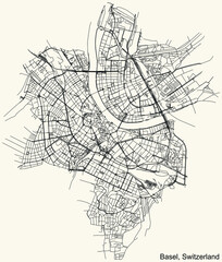 Detailed navigation urban street roads map on vintage beige background of the Swiss regional capital city of Basel, Switzerland