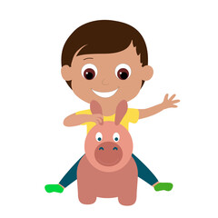 Little child boy sits on a toy rubber horse jumper. Preschool child and he is happy and smiling happily. Cartoon vector illustration of childhood and games and children's outdoor activities. 