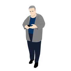 A large adult man stands half-sided and holds a smartphone in his hands, perhaps he is ordering something or looking. Cartoon flat style isolated on white background.